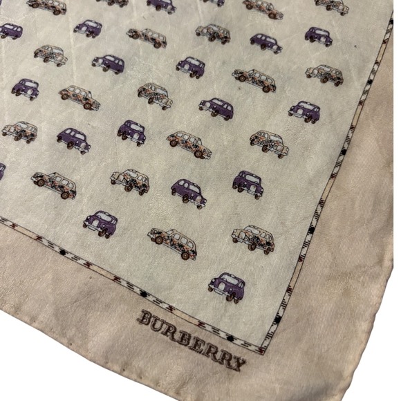 Burberry Cotton Square Scarf Cream Purple Vintage Car Novelty Print 20x20